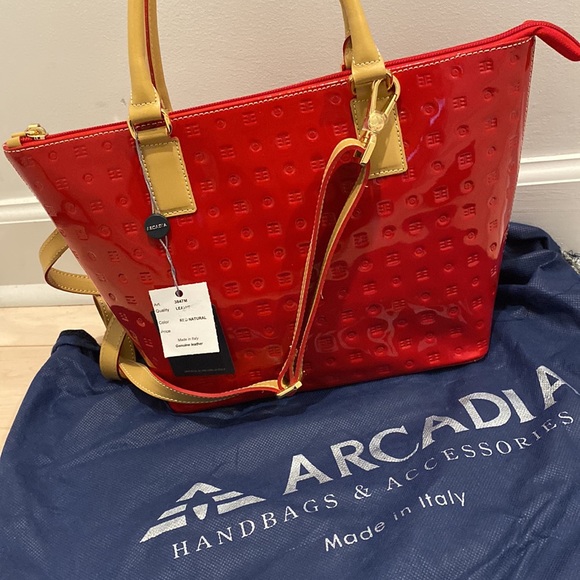 Arcadia red tan trim satchel shoulder bag - Picture 2 of 14